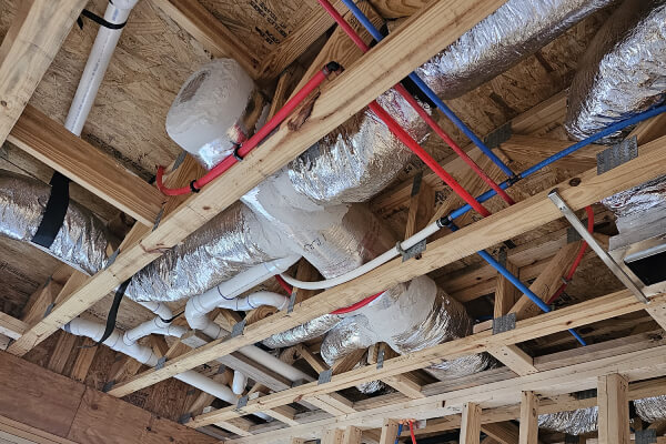 Pipes and tubes running through a ceiling in a new construction project